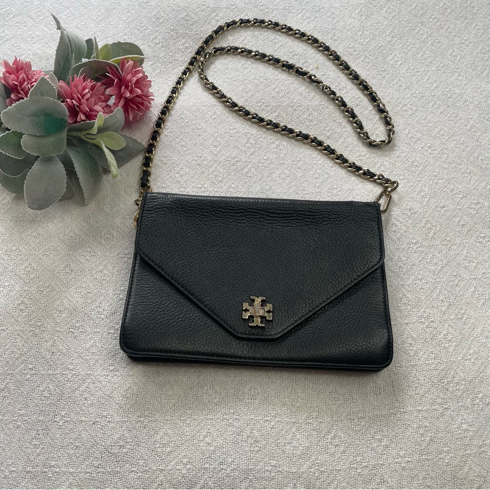 Tory Burch‎ Black Leather Chain-Shoulder Crossbody with Gold Logo